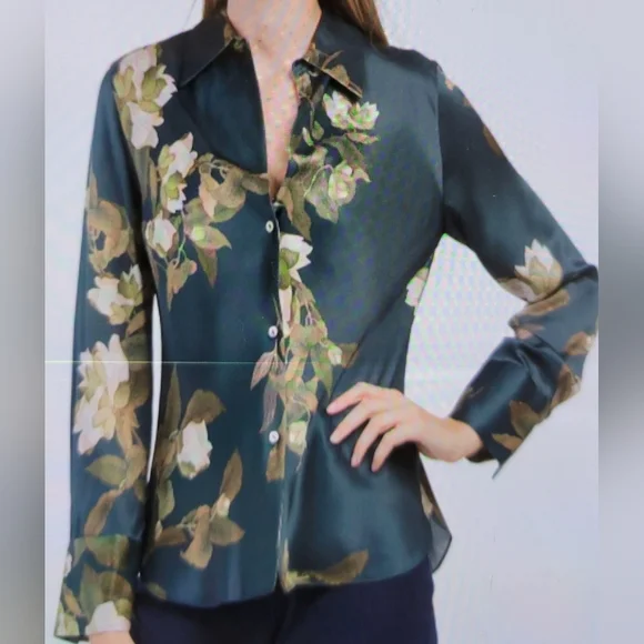 Vince Silk Camellia Branch Bias Long Sleeve Blouse Size Large Color Azurine